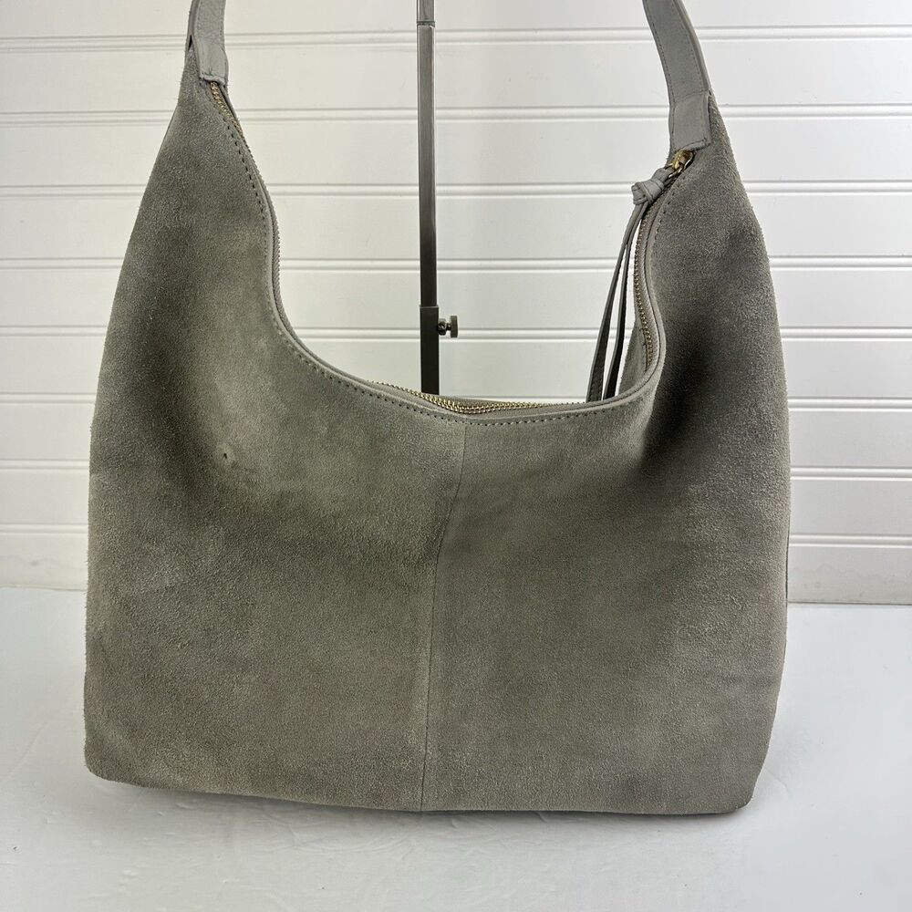 Margot New York Gabi Maxi Hobo Gray Suede Leather Shoulder Bag Top Zip Purse - Picture 4 of 16